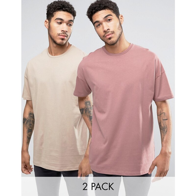 ASOS - Lot de 2 t-shirts longs oversize - Beige/Rose - Multi