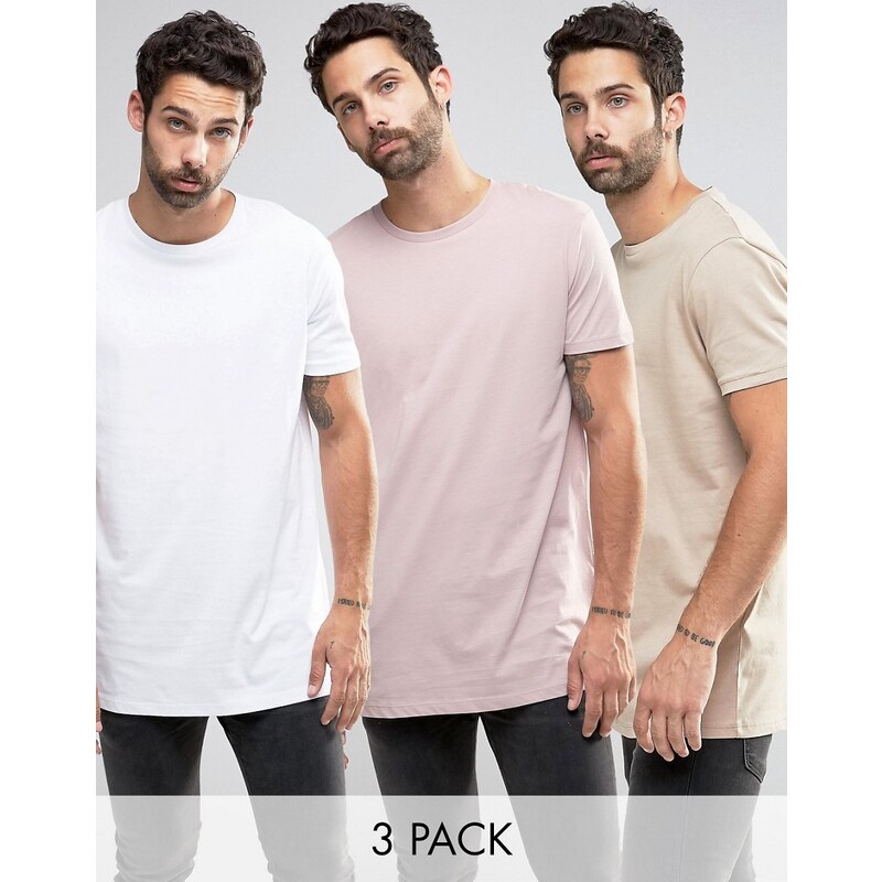 ASOS - Lot de 3 t-shirts longs - - Blanc/beige/rose - Multi
