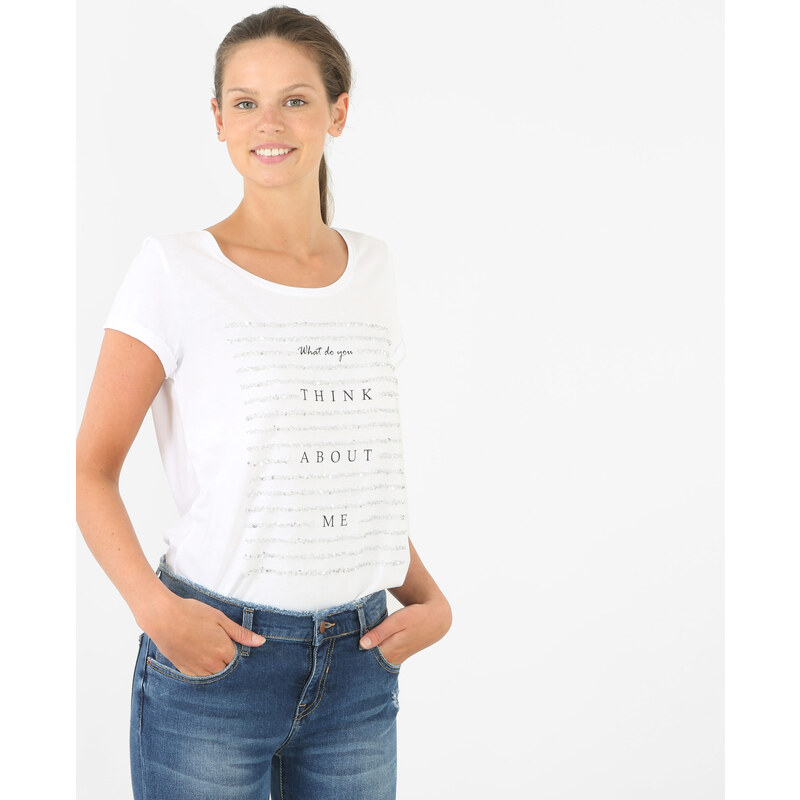 T-shirt sequins -40% Femme - Couleur blanc - Taille L -PIMKIE- SOLDES HIVER 2017