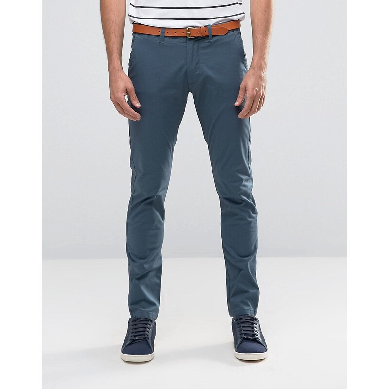 Selected Homme - Pantalon chino slim avec fini stretch et ceinture en cuir - Bleu