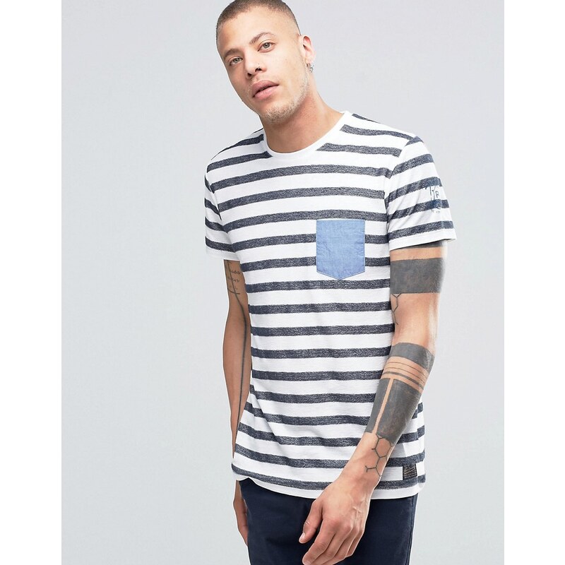 Solid - T-shirt ras de cou à rayures avec poche contrastante et détail sur la manche - Bleu marine