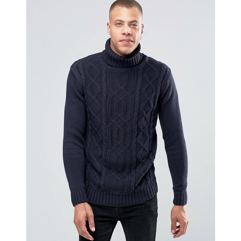 Solid Roll Neck Knit With Cable Detail - Bleu marine