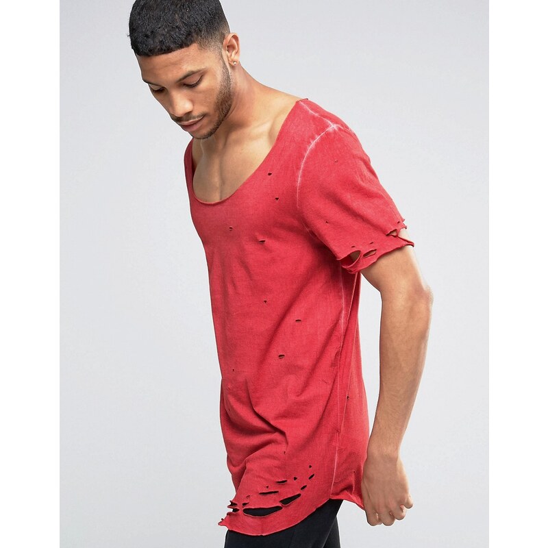 ASOS - T-shirt super long ultra vieilli déchiré - Rouge - Rouge