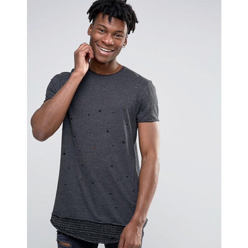ASOS - T-shirt ultra long avec ourlet rallongé à rayures et trous - Gris