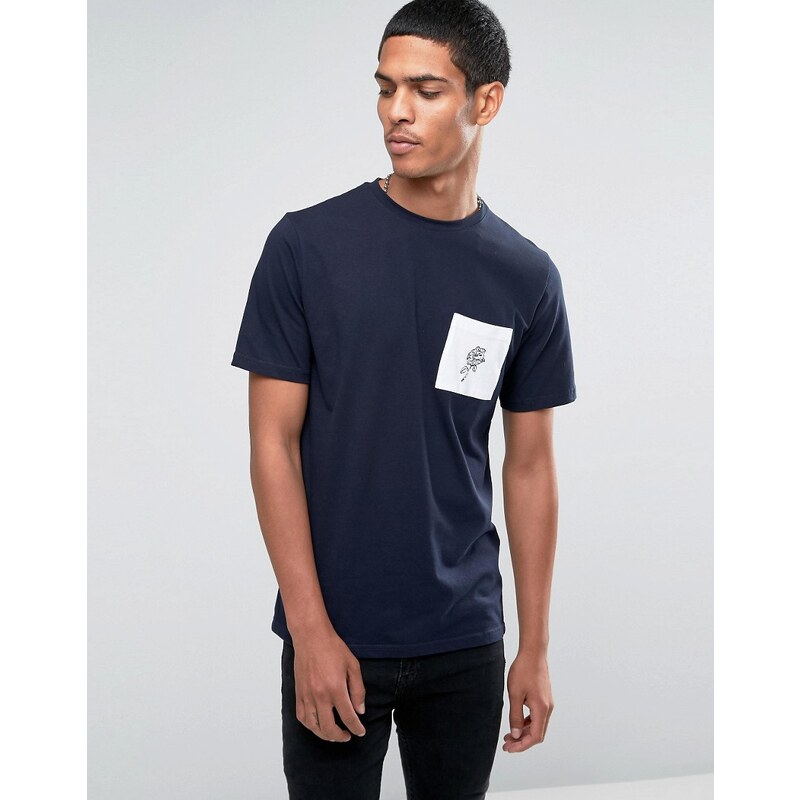 Hoxton Denim - T-shirt avec empiècements et poche contrastante à motif rose - Bleu marine