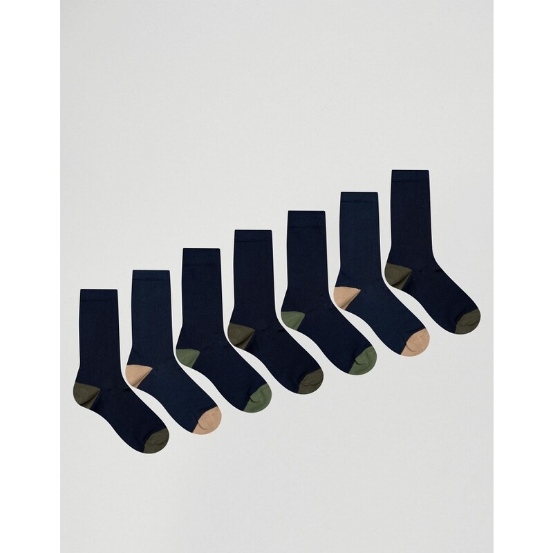 ASOS - Lot de 7 paires de chaussettes avec talon et pointe contrastants - Bleu marine