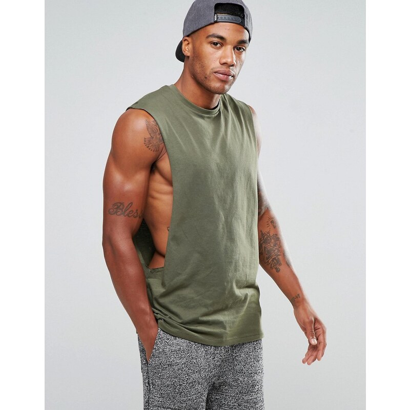 ASOS - T-shirt sans manches à emmanchures ultra larges - Kaki - Vert