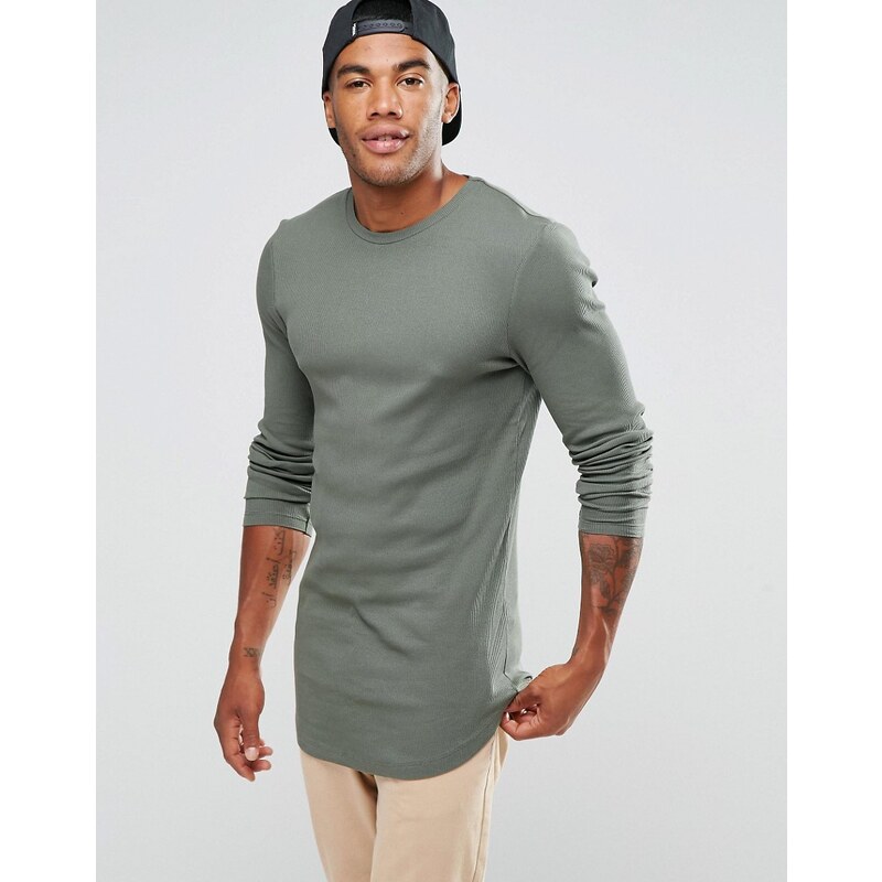 ASOS - T-shirt côtelé moulant ultra long à manches longues avec ourlet arrondi - Kaki - Vert