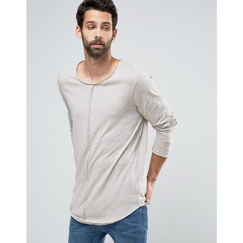 ASOS - T-shirt ample ultra long à manches longues avec coutures brutes et ourlet plongeant - Beige - Beige