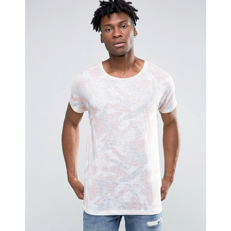 ASOS - T-shirt long effet lin à imprimé pastel sur l'ensemble - Rose