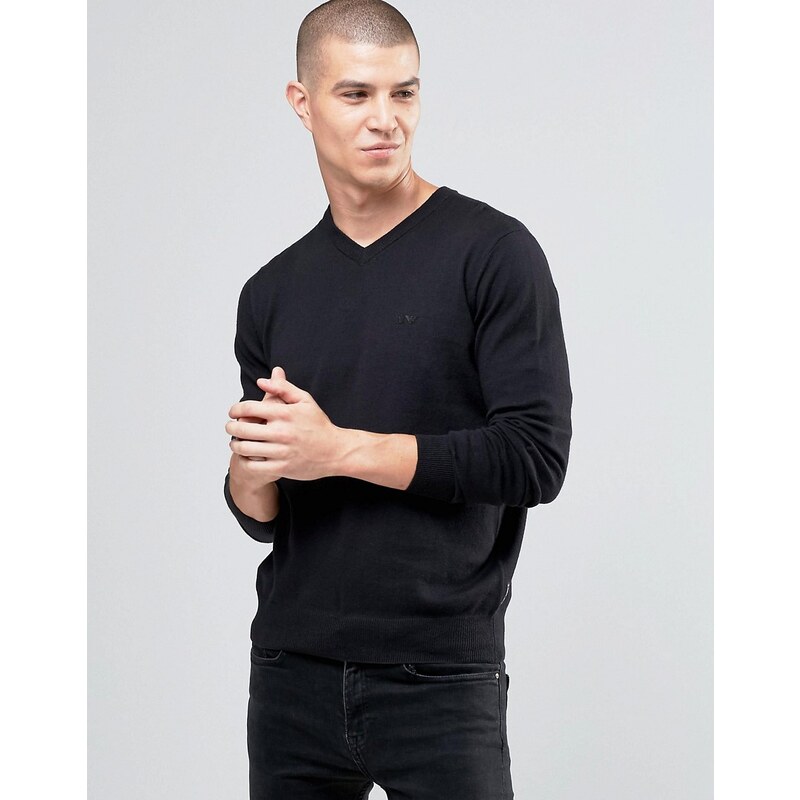 Armani Jeans - Pull à logo et col en V - Noir - Noir