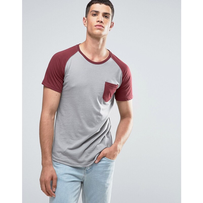 Ringspun - T-shirt raglan à poche et ourlet arrondi - Gris