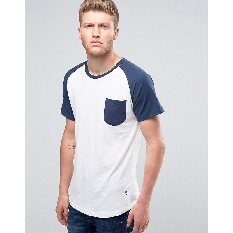 Ringspun - T-shirt raglan à poche et ourlet arrondi - Blanc
