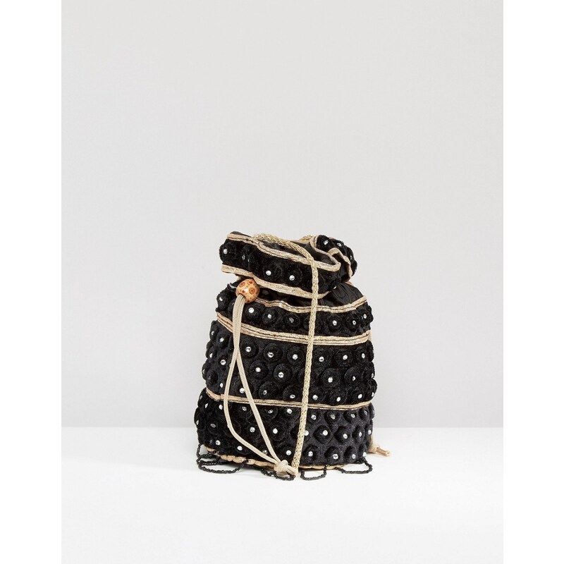 Reclaimed Vintage - Mini sac boule orné de perles en velours - Noir