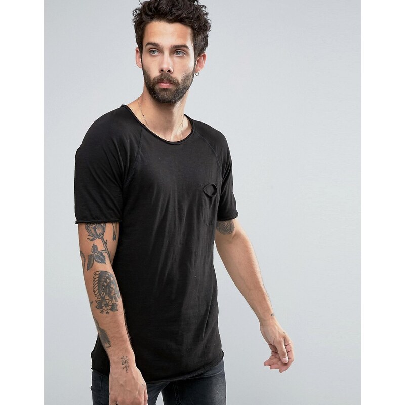Pull&Bear - T-shirt avec poche et ourlet arrondi - Noir - Noir