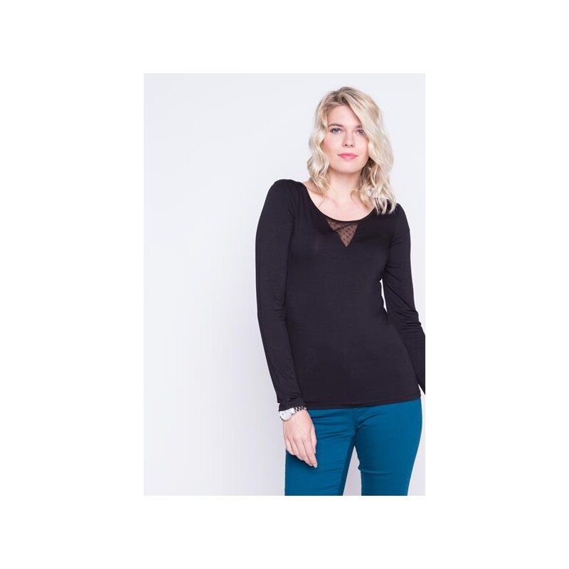 T-shirt manches long dentelle Noir Viscose - Femme Taille 0 - Cache Cache