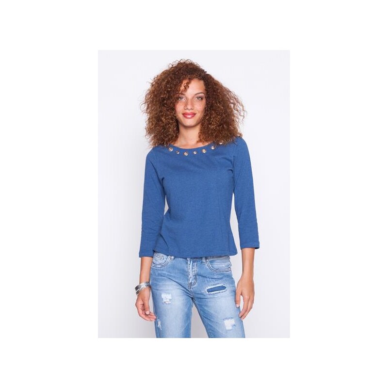 T-shirt chiné oeillets et laçage Bleu Coton - Femme Taille 0 - Cache Cache