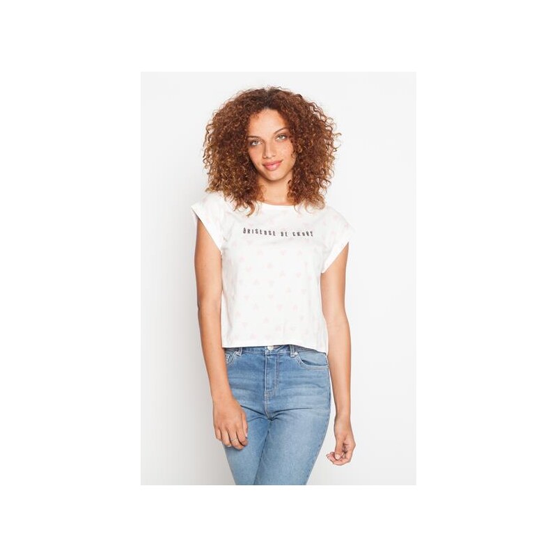 T-shirt cropped coeur et texte Beige Coton - Femme Taille 0 - Cache Cache