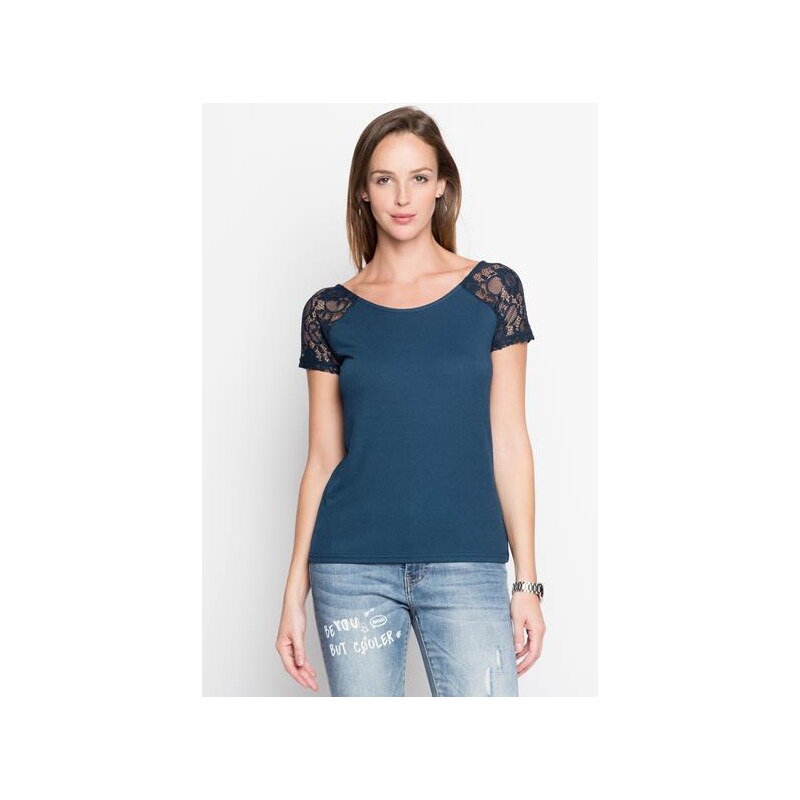 T-shirt empiecement dentelle Bleu Elasthanne - Femme Taille 0 - Cache Cache