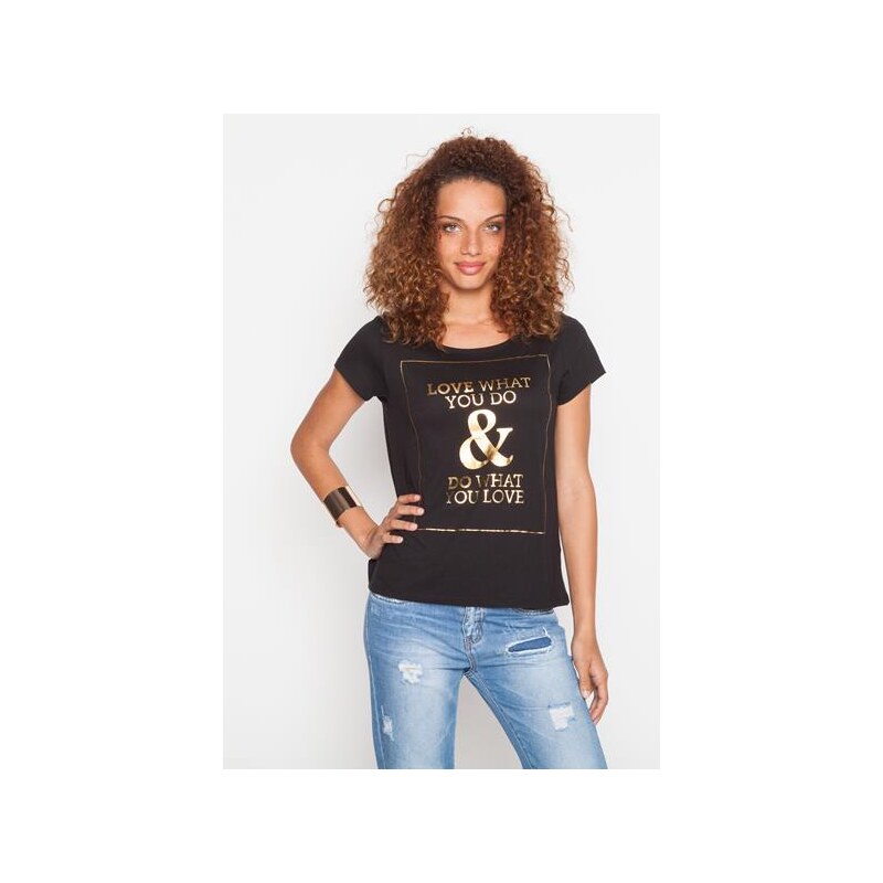 T-shirt encadré et texte doré Noir Polyester - Femme Taille 0 - Cache Cache