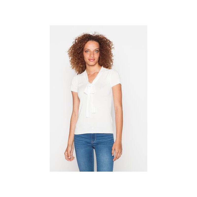 T-shirt manches courtes lavaliere Blanc Acrylique - Femme Taille 1 - Cache Cache