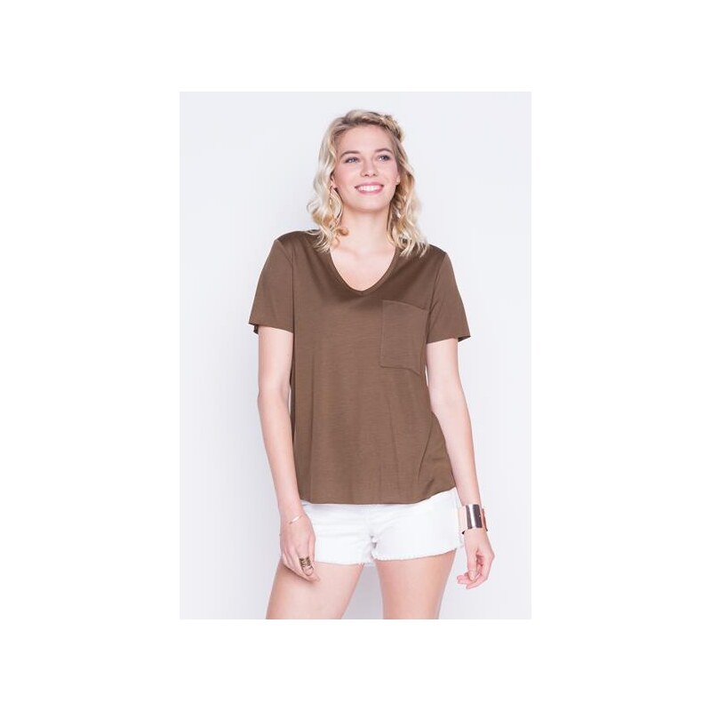 T-shirt manches courtes uni col en V Vert Modal - Femme Taille 0 - Cache Cache
