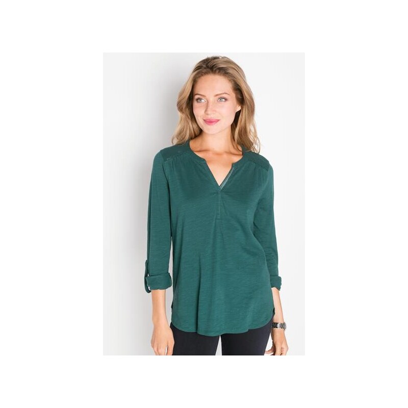 T-shirt manches 3/4 col tunisien Vert Coton - Femme Taille 0 - Cache Cache