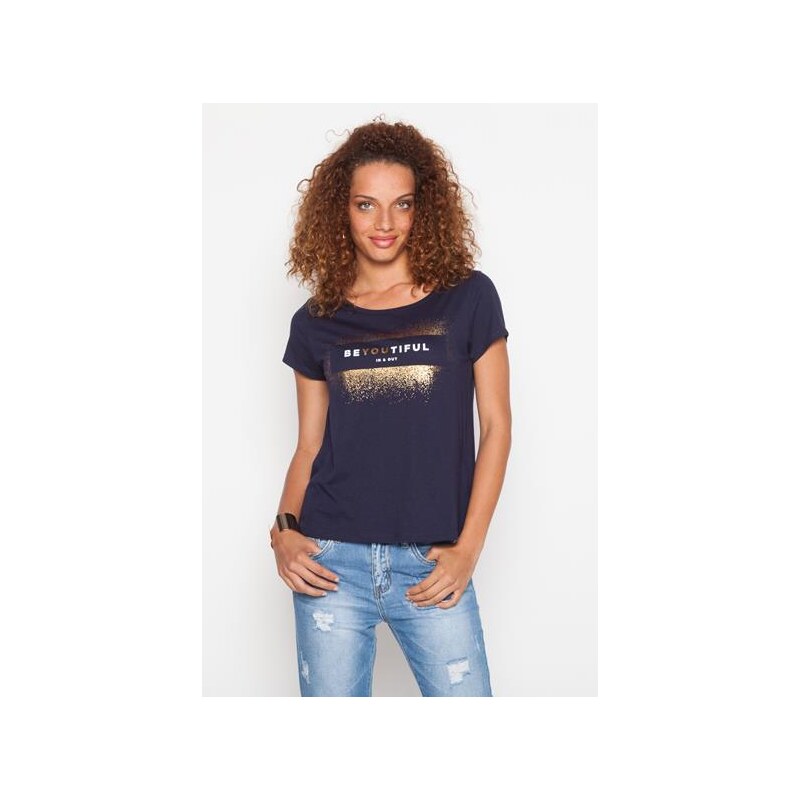 T-shirt texte et paillettes Bleu Coton - Femme Taille 0 - Cache Cache