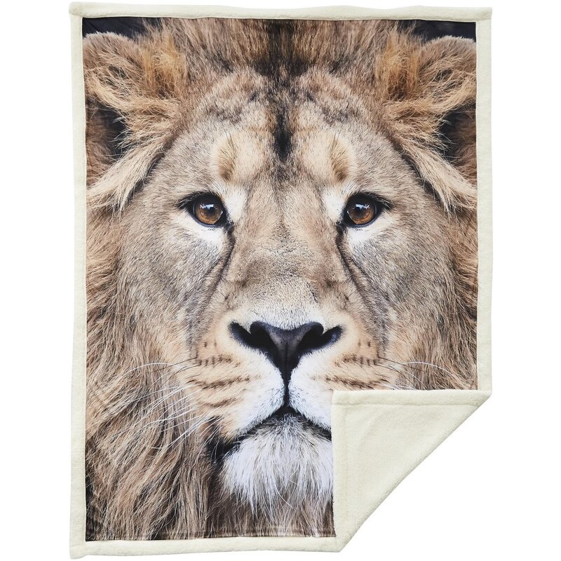 Home Linen Plaid imprimé Lion - 150x200 cm - 100% polyester - 1 face microfibre + 1 face Sherpa
