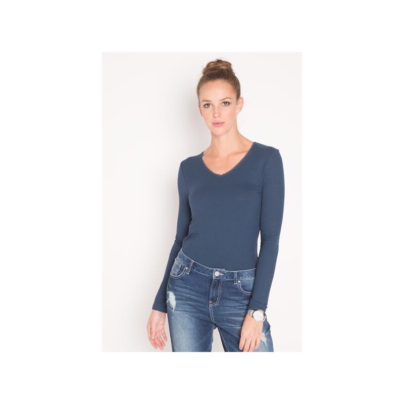T-shirt maille côtelée dentelle Bleu Viscose - Femme Taille 0 - Cache Cache