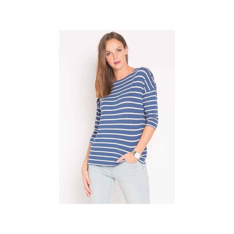 T-shirt rayures marinières boutons Bleu Elasthanne - Femme Taille 0 - Cache Cache