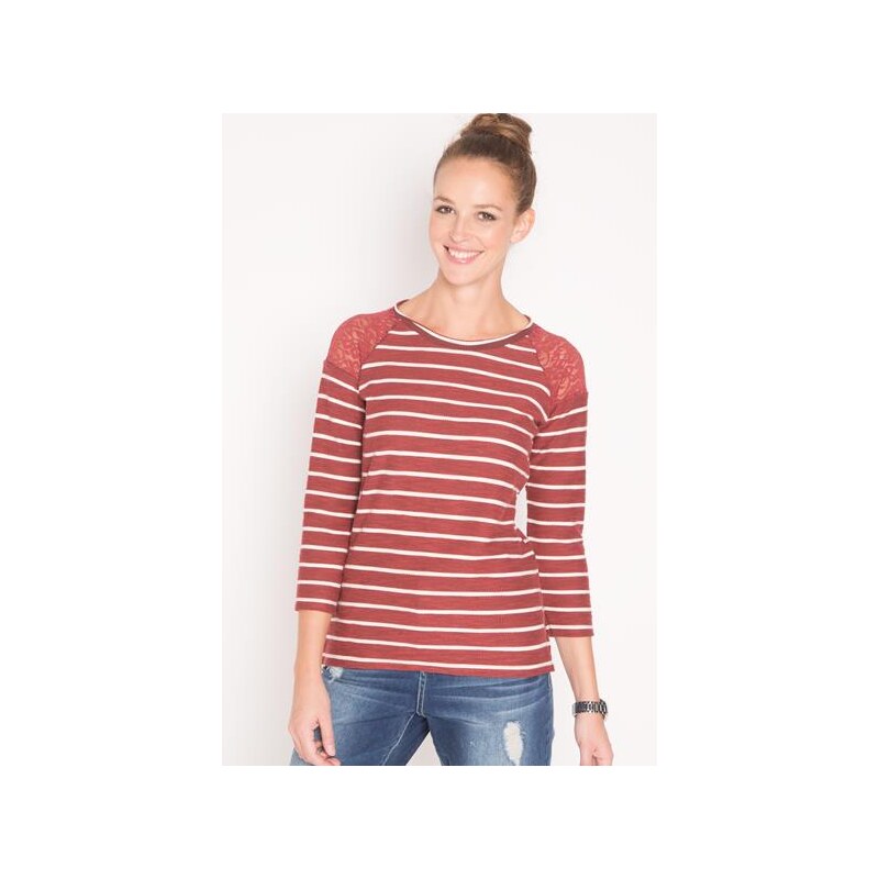 T-shirt rayures marinières dentelle Rouge Coton - Femme Taille 0 - Cache Cache