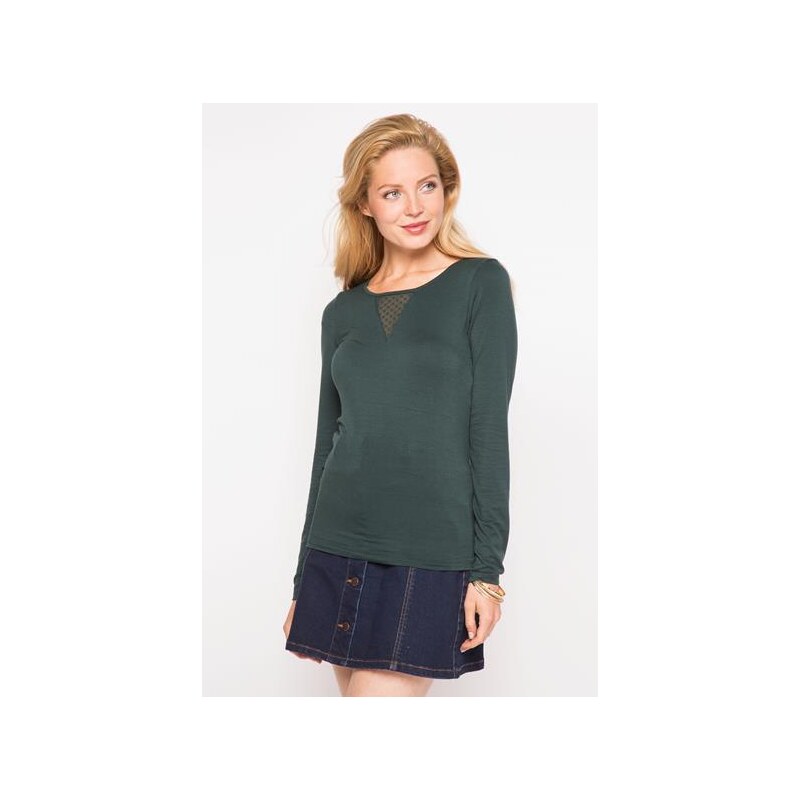 T-shirt manches long dentelle Vert Viscose - Femme Taille 0 - Cache Cache