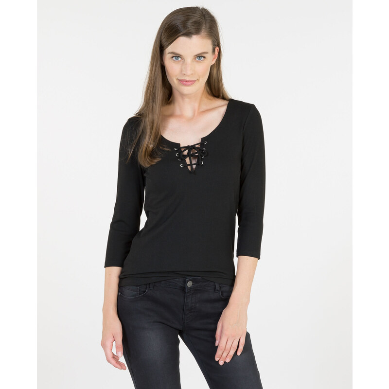 T-shirt encolure lacet -20% Femme - Couleur noir - Taille L -PIMKIE- SOLDES HIVER 2017