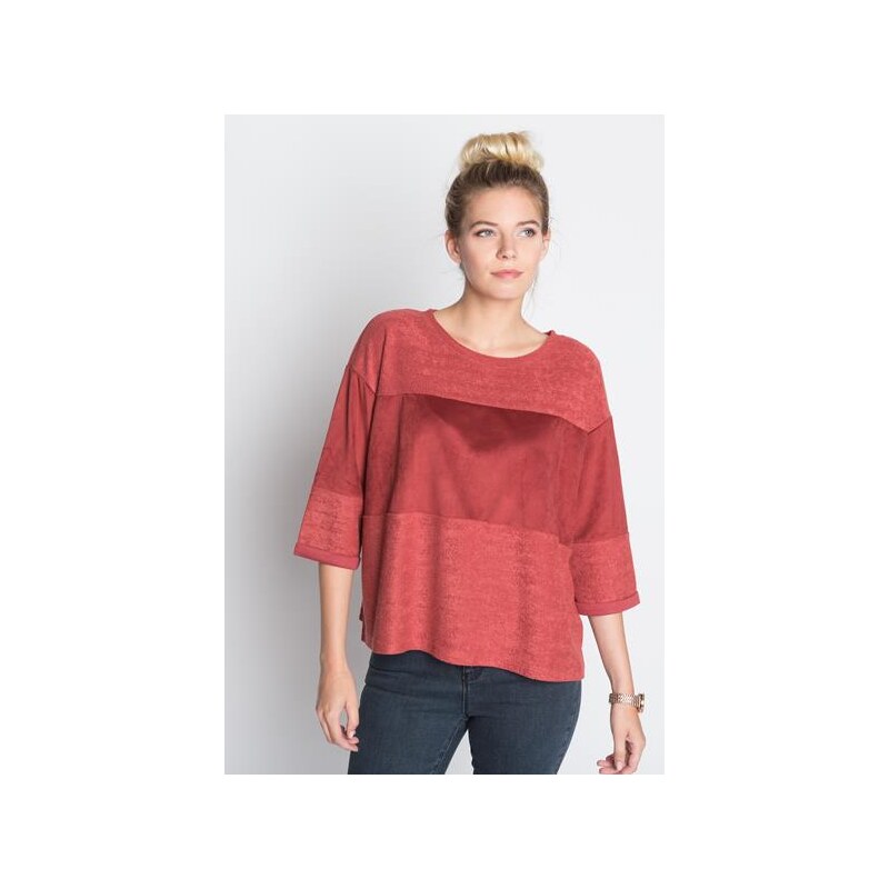 T-shirt bimatière manches 3/4 Rouge Elasthanne - Femme Taille 0 - Cache Cache
