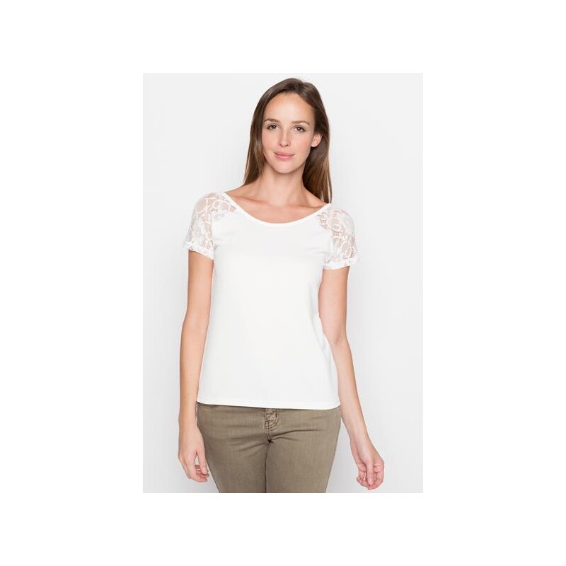 T-shirt empiecement dentelle Blanc Elasthanne - Femme Taille 3 - Cache Cache