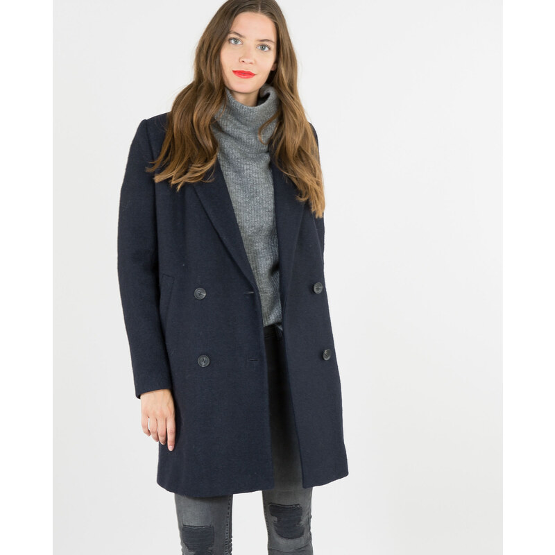 Manteau droit drap de laine Femme - Couleur bleu marine - Taille 34 -PIMKIE- LA MODE FEMME