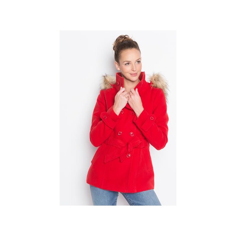 Manteau uni et fausse fourrure Rouge Viscose - Femme Taille 3 - Cache Cache