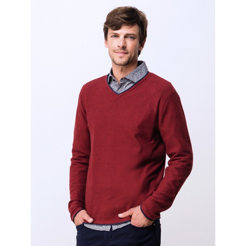 Pull Homme Coton / Cachemire Col V Somewhere, Couleur Marsala Chine