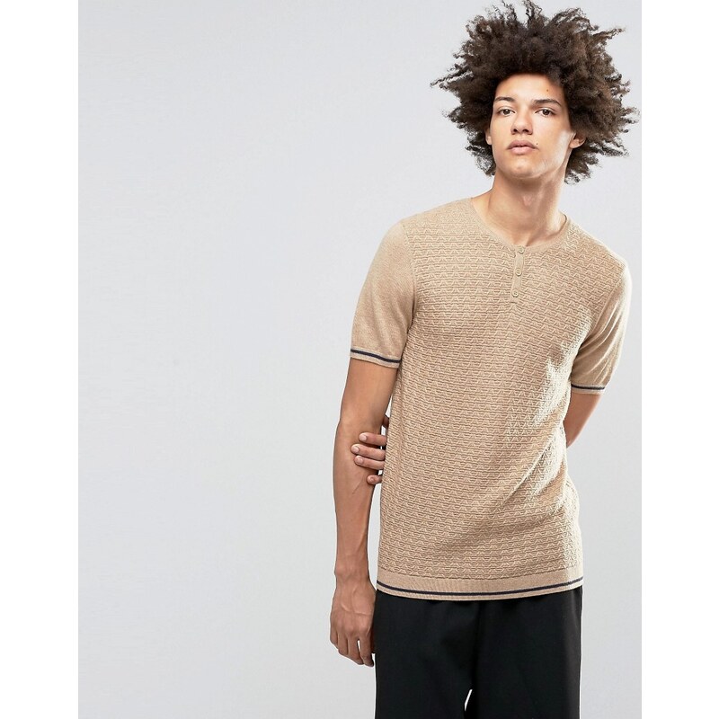 ASOS - T-shirt tricoté avec col grand-père en laine mérinos mélangée - Beige