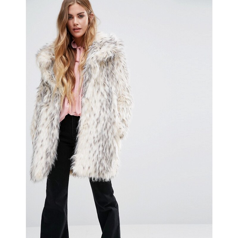 Glamorous - Manteau à col châle en fausse fourrure motif léopard des neiges - Crème