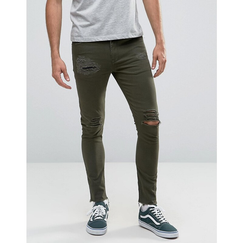 ASOS - Pantalon super skinny à 5 poches avec déchirures et effet vieilli - Vert foncé - Vert