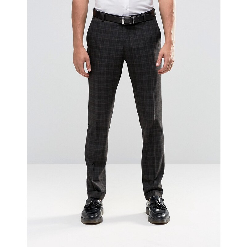 Selected Homme - Pantalon stretch slim à carreaux et revers - Marron