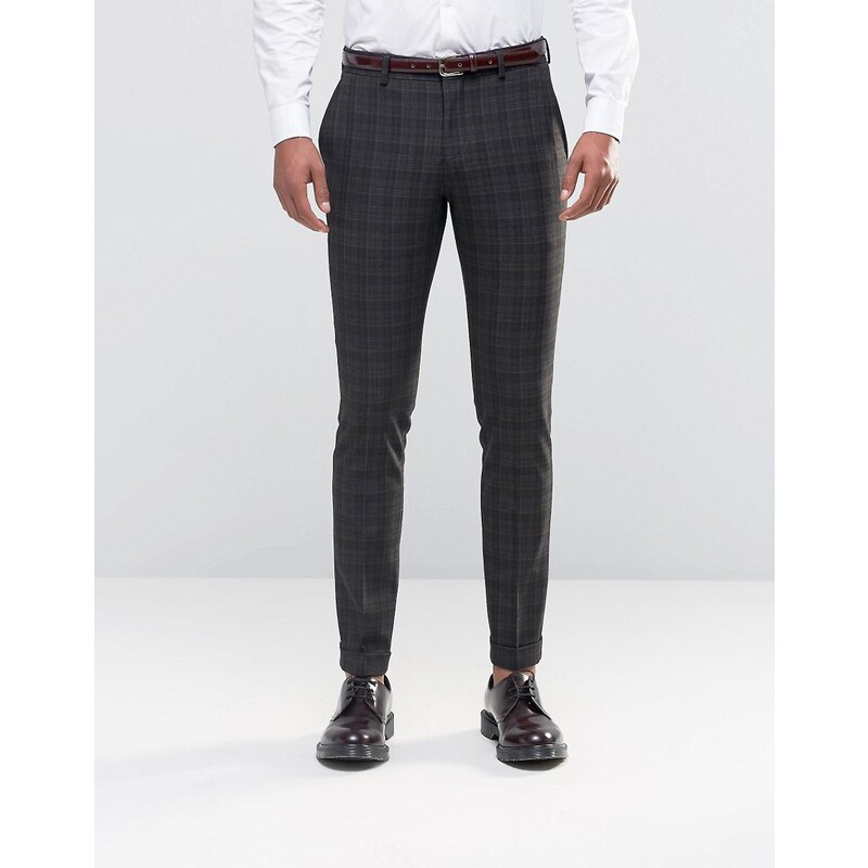Selected Homme - Pantalon stretch skinny à carreaux et revers - Marron