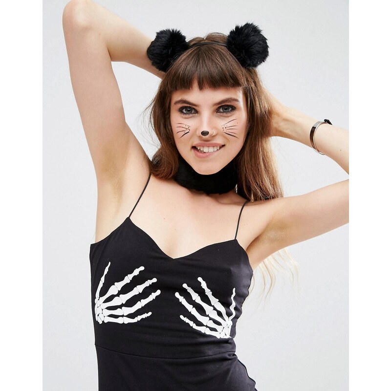 ASOS - Halloween - Lot d'accessoires avec collier court et serre-tête à oreilles en fausse fourrure - Noir