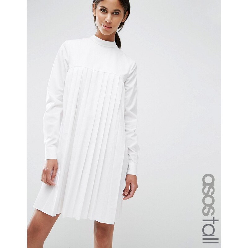 ASOS TALL - Robe plissée en coton à manches longues - Blanc