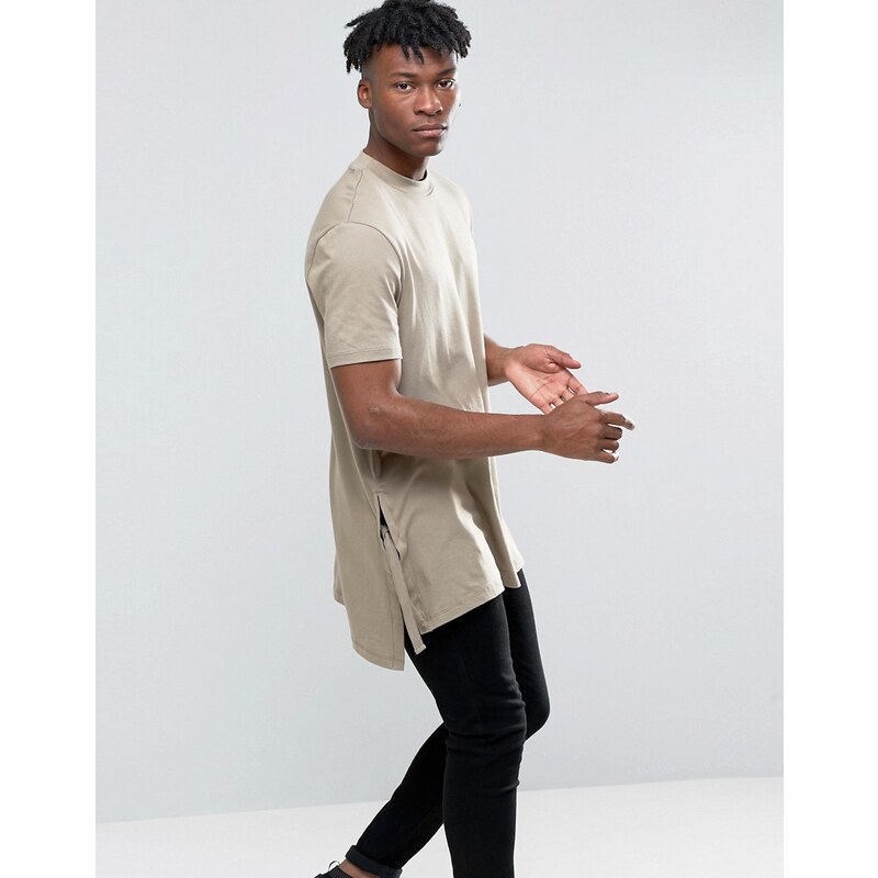 ASOS - T-shirt ultra long forme trapèze fendu et noué sur les côtés - Beige - Beige