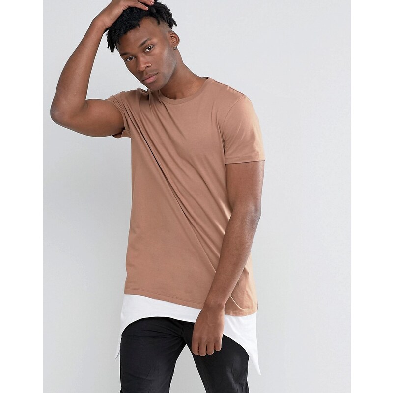 ASOS - T-shirt super long avec ourlet asymétrique contrastant rallongé - Fauve - Marron