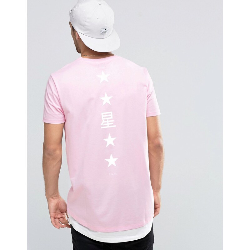 ASOS - T-shirt ultra long avec imprimé étoiles dans le dos et ourlet à prolongement contrastant - Rose - Rose