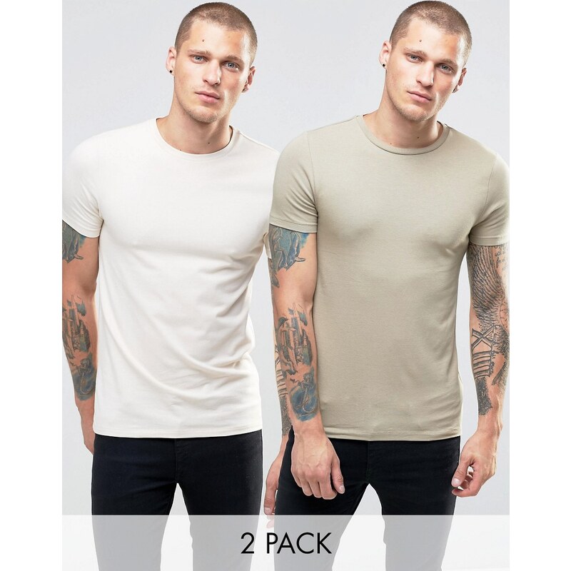 ASOS - Lot de 2 t-shirts moulants ras de cou - - Crème/beige - Multi